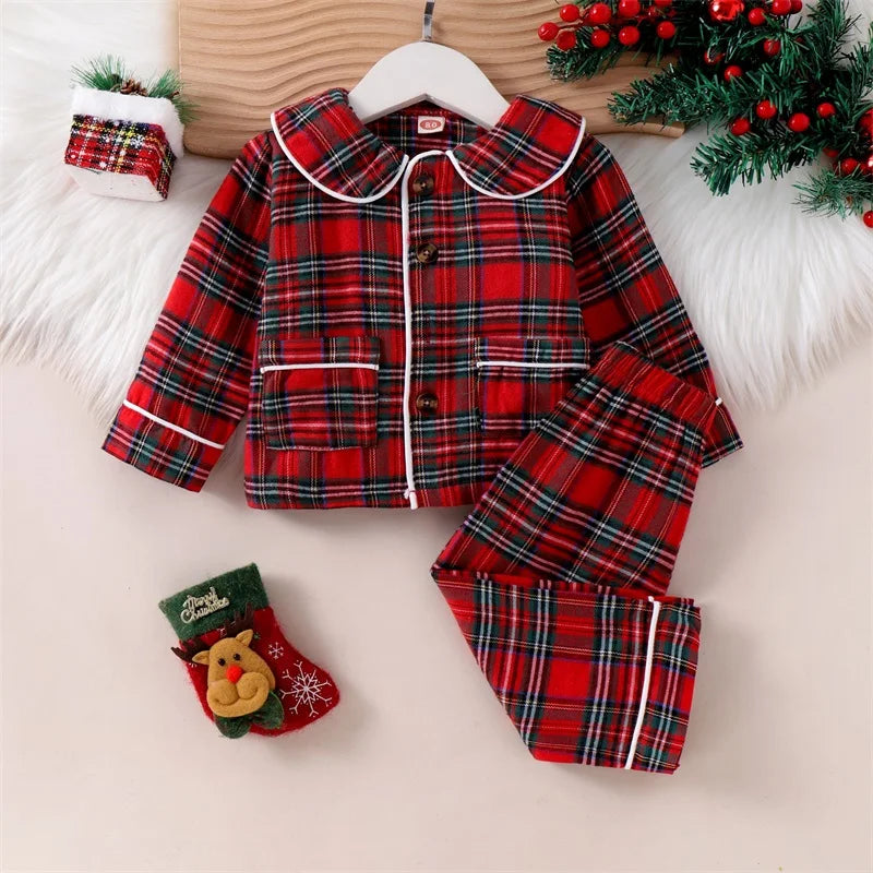 FOCUSNORM 0-5Y Autumn Winter Kids Girls Boys Christmas Pajamas Clothes Sets Plaid Print Turn Down Collar Shirts+Pants