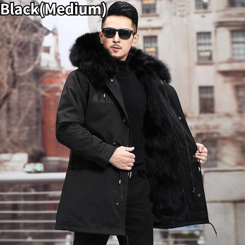 Faux Fur Coat Loose OverCoat Thick Warm Men Plush Coats Fox Hair Inner Liner Detachable Collar Long Fur Parkas Fur Jacket