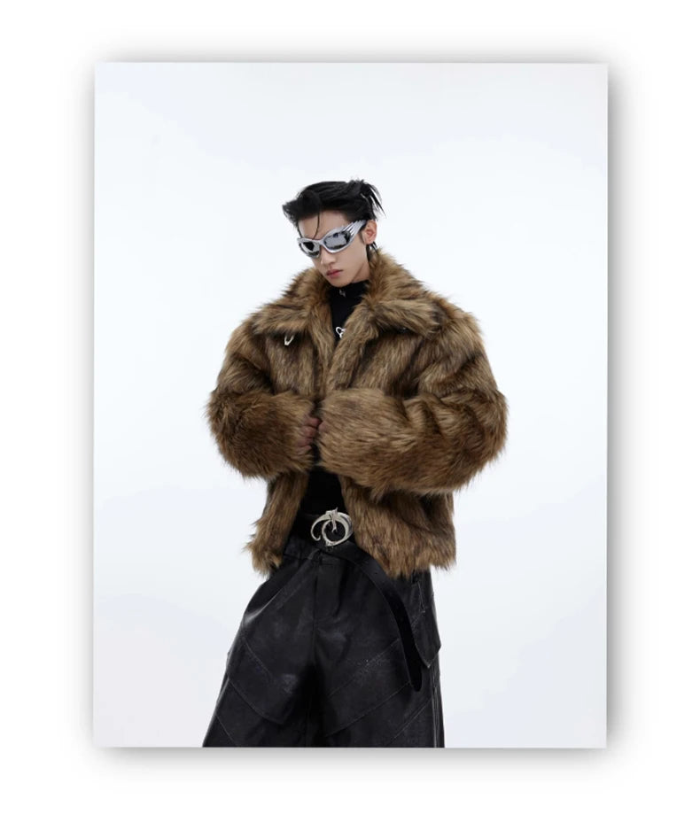 Mauroicardi Winter Short Thick Warm Brown Hairy Soft Faux Fur Coat Men with Turn-down Collar Long Sleeve Fluffy Jackets 2024