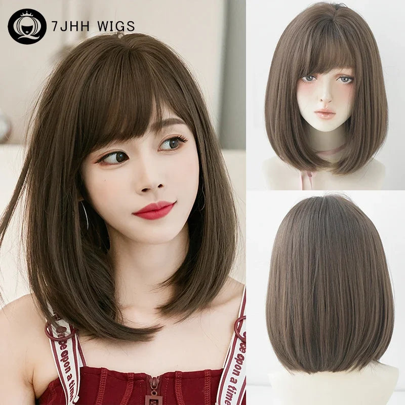 Pixie Cut Wigs Synthetic Short Straight Pink Brown Bob Wigs with Dark Roots High Density Layered Hair Wigs with Curtain Bangs
