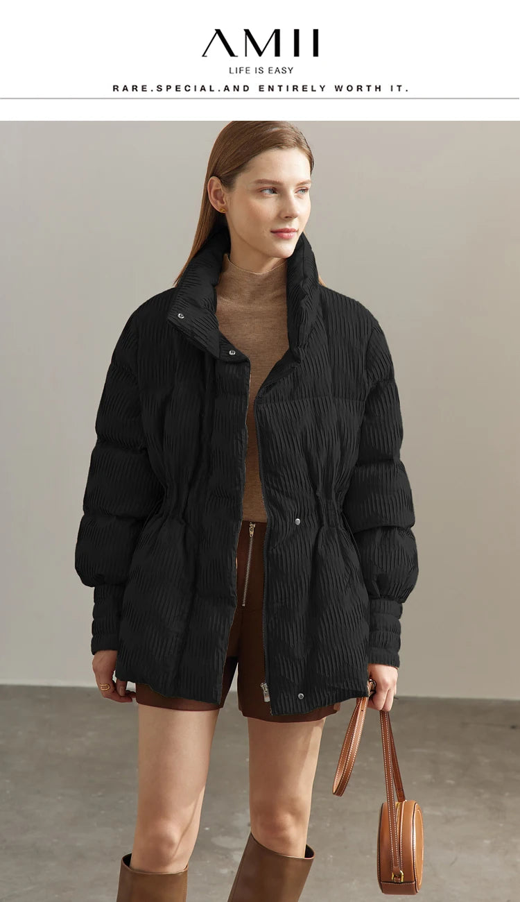 AMII Minimalist Duck Down Puffer Coat Women Winter 2025 Lightweight Stand Collar Lapel Warm Outerwear New Jackets 12344052