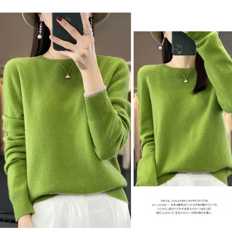 100% Merino Wool Sweater Women O-neck Cashmere Knitwear Female Pullover Autumn Winter Casual Tops Solid Color Soft  Clothing