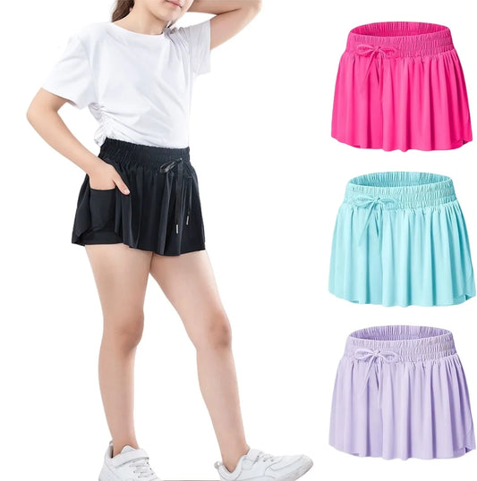 3-15 Years Girls Flowy Shorts Butterfly Shorts With Pocket 2-in-1 Athletic Running Shorts For Kids Active Workout Sports Tennis