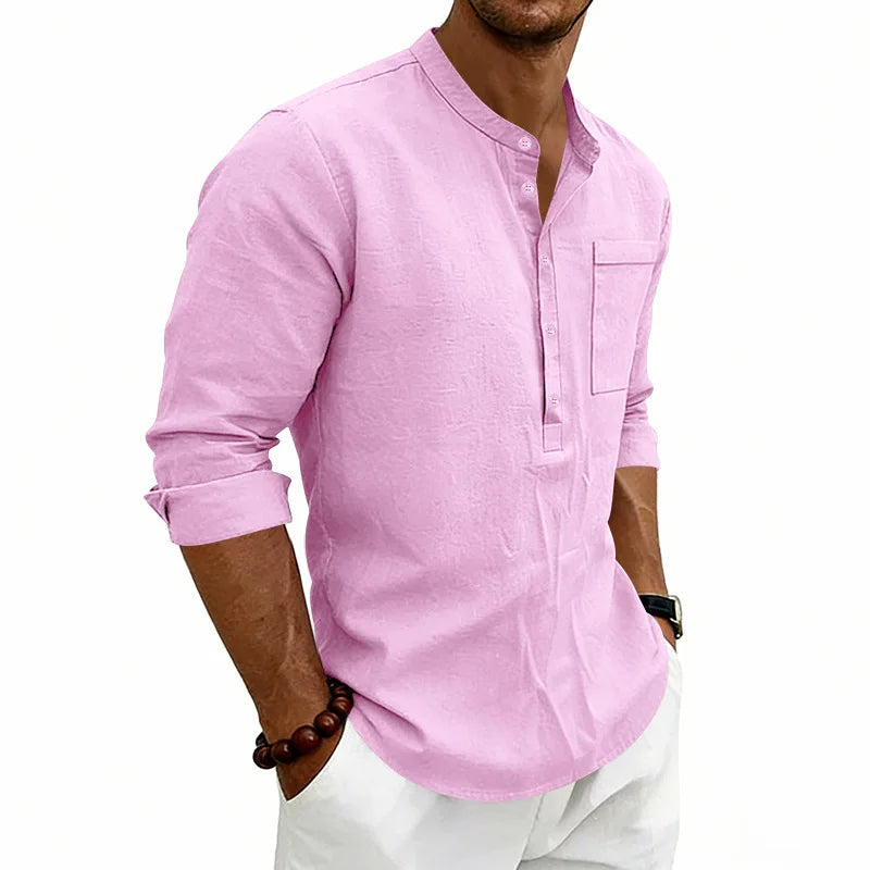 Summer Men's Linen Henry Long Sleeve T-Shirt  European and American Woven Solid Color Casual Polo Shirt