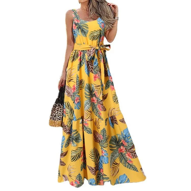 Summer Flower Print Sleeveless Long Dresses Women Elegant Casual Vacation Style Dress O Neck High Waist Leace-up Maxi Vestidos