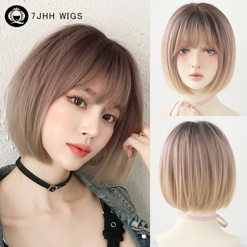 Pixie Cut Wigs Synthetic Short Straight Pink Brown Bob Wigs with Dark Roots High Density Layered Hair Wigs with Curtain Bangs
