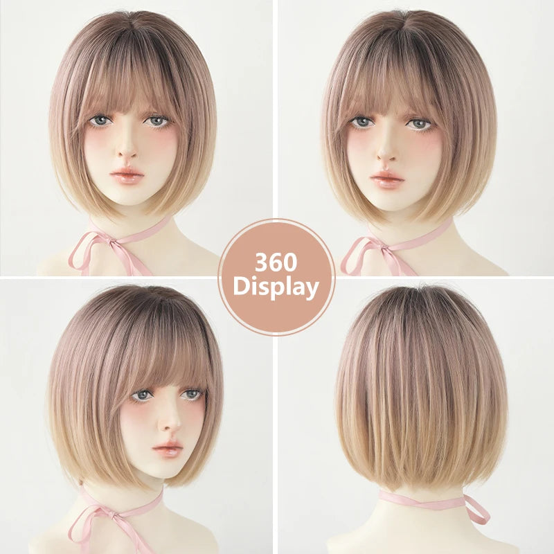 Pixie Cut Wigs Synthetic Short Straight Pink Brown Bob Wigs with Dark Roots High Density Layered Hair Wigs with Curtain Bangs