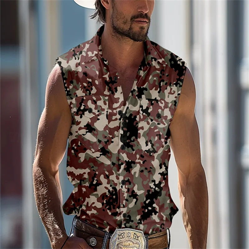 New Hawaiian Men's Sleeveless Shirt Coconut Print Simple Fashion Breathable Shirt Flap Collar Shirt