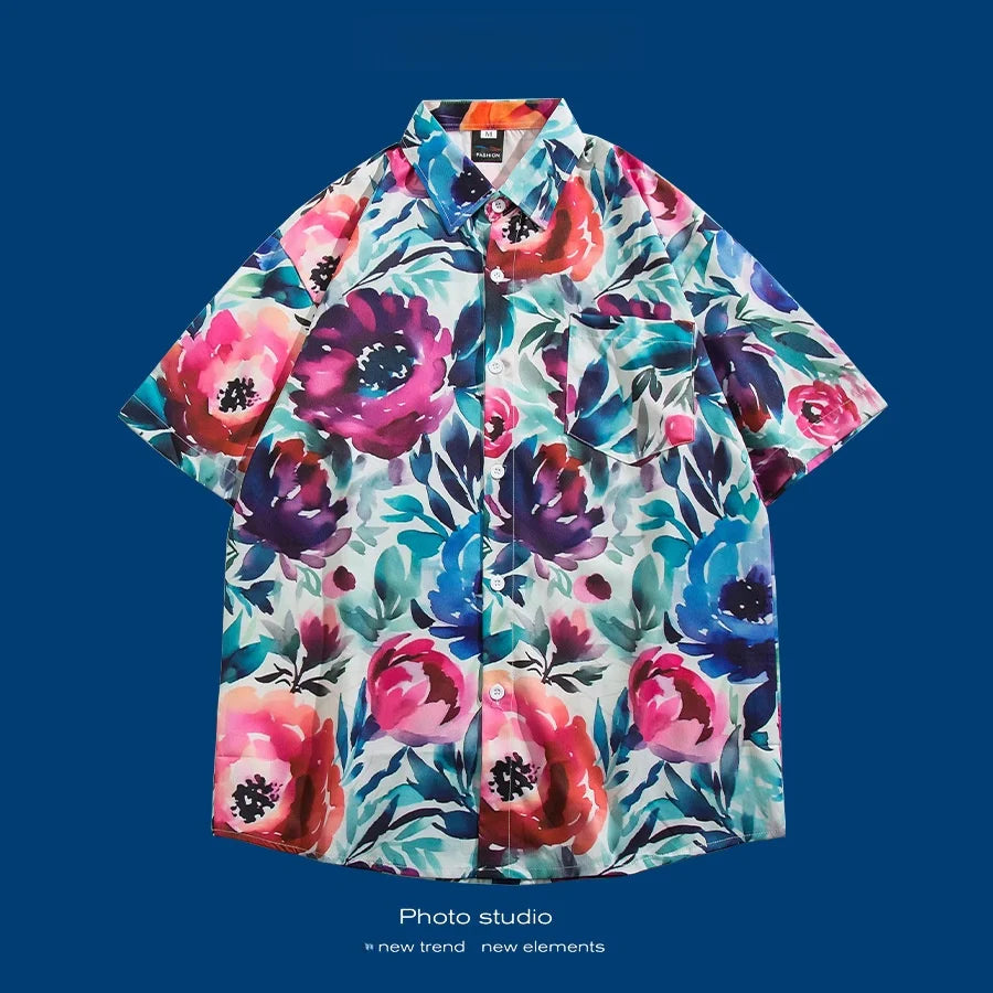 Hawaii Flower Men's Shirt Thai Style Loose Sleeveless Beach Casual Fashionable Shirt for Youth Suitable for All Seasons