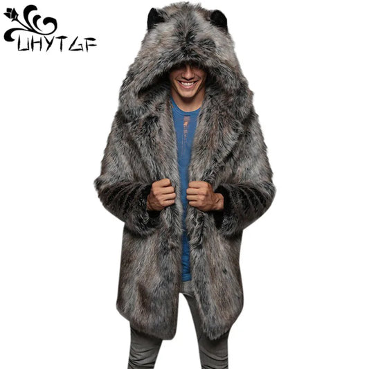 Men's Faux Fur Coat Long Sleeve Hooded Thick Warm Jackets Male Plush Fluffy Cardigan Casual Parka Snow Wear Winter Fur Coat 512