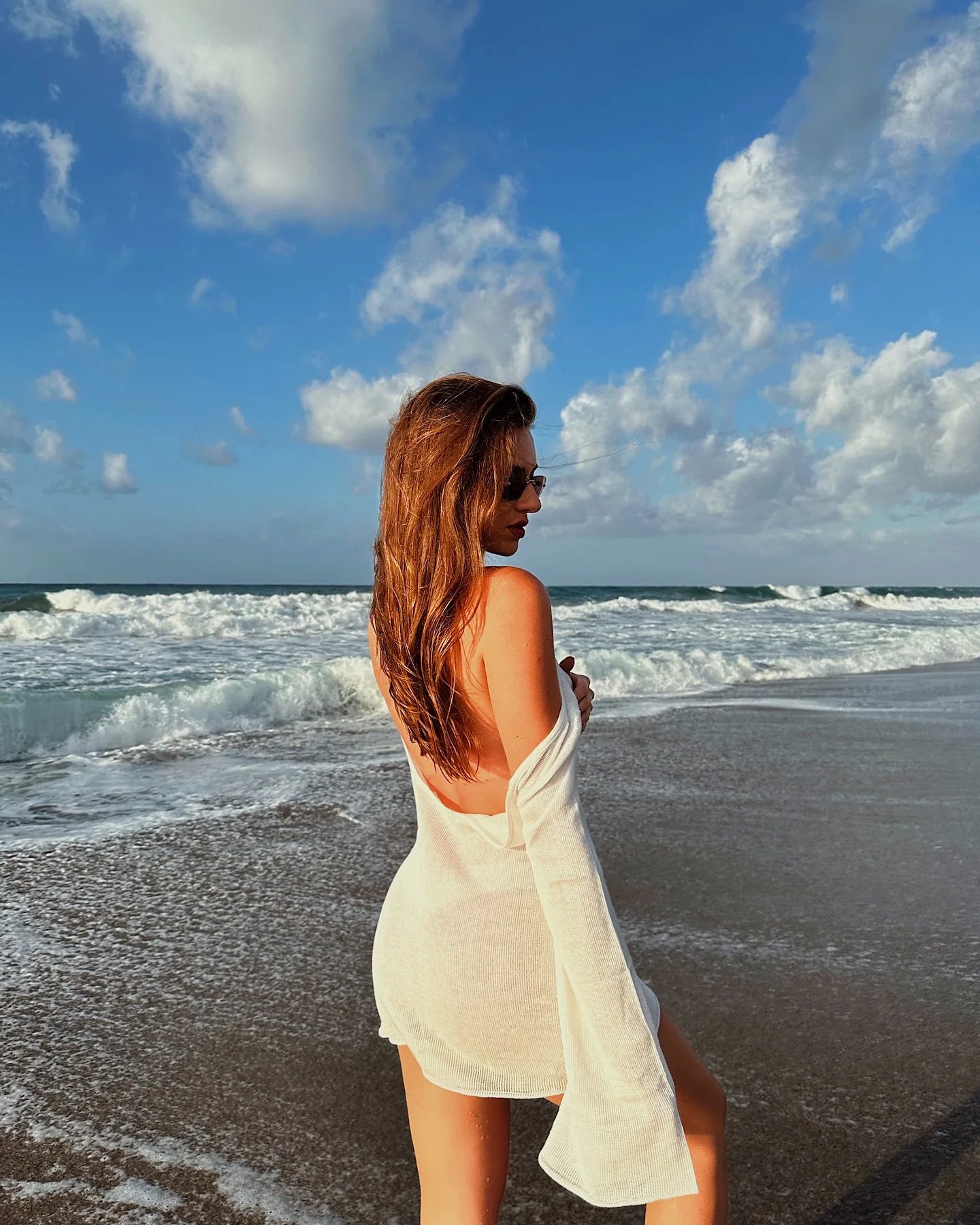 Summer Seaside Women's Solid Knit Mini Dress 2025 Sexy Backless Bell Sleeve See Through Short Dress Beach Swimsuit Cover Up K98