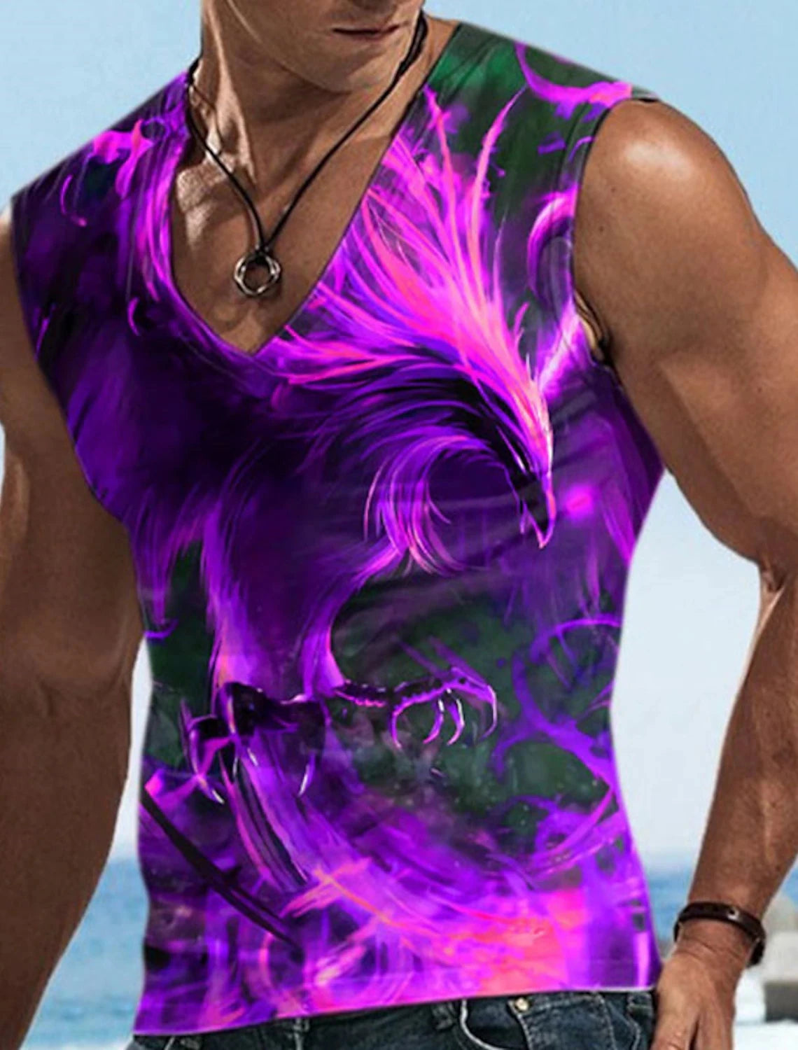 Men\'s Vest Sleeveless T Shirt Patterned Spliced Flame Shirt Casual Muscle V Neck Clothing 3D Printed Sports Running Fitness