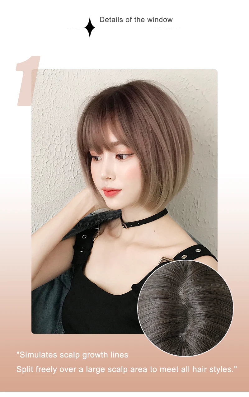 Pixie Cut Wigs Synthetic Short Straight Pink Brown Bob Wigs with Dark Roots High Density Layered Hair Wigs with Curtain Bangs