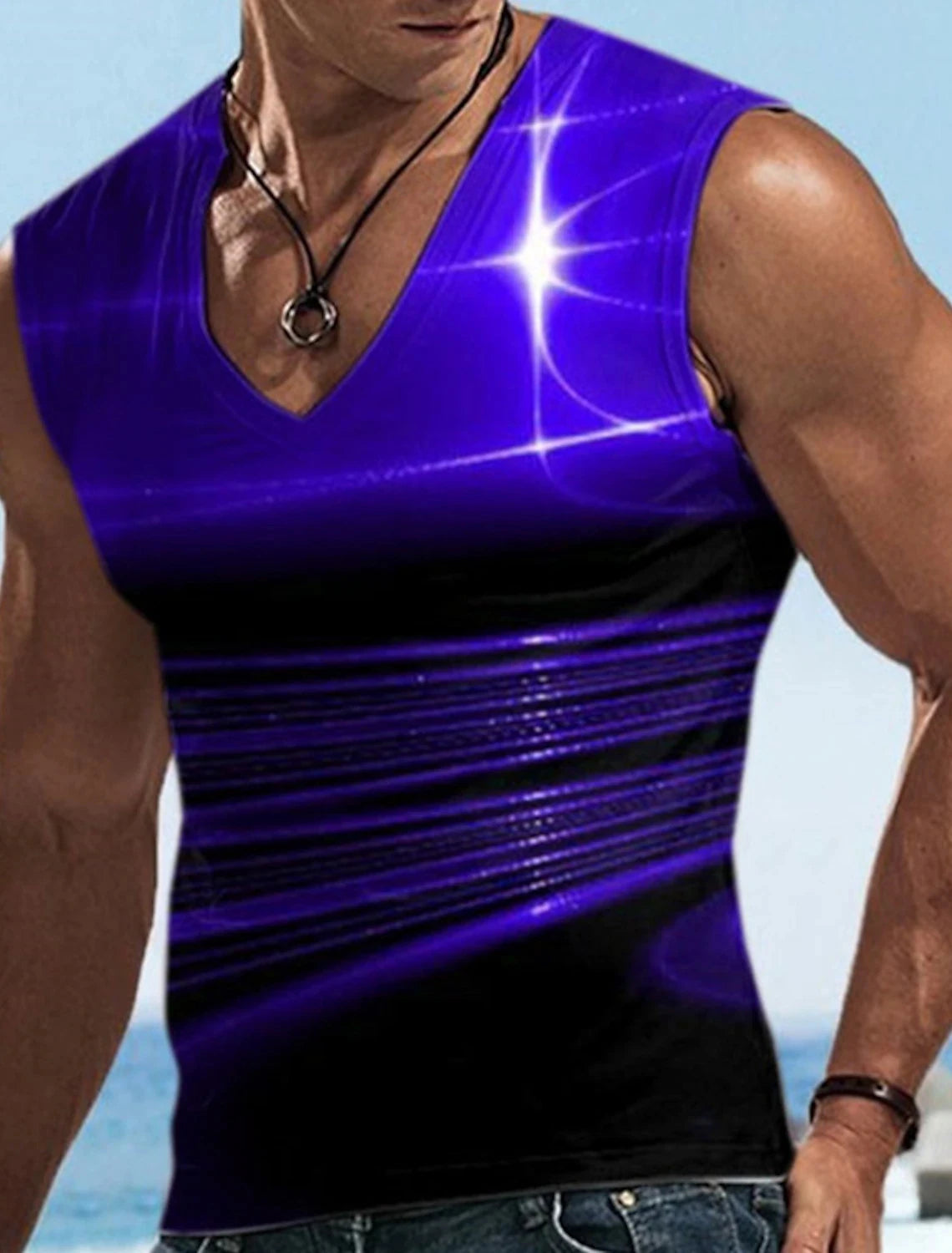 Men\'s Vest Sleeveless T Shirt Patterned Spliced Flame Shirt Casual Muscle V Neck Clothing 3D Printed Sports Running Fitness