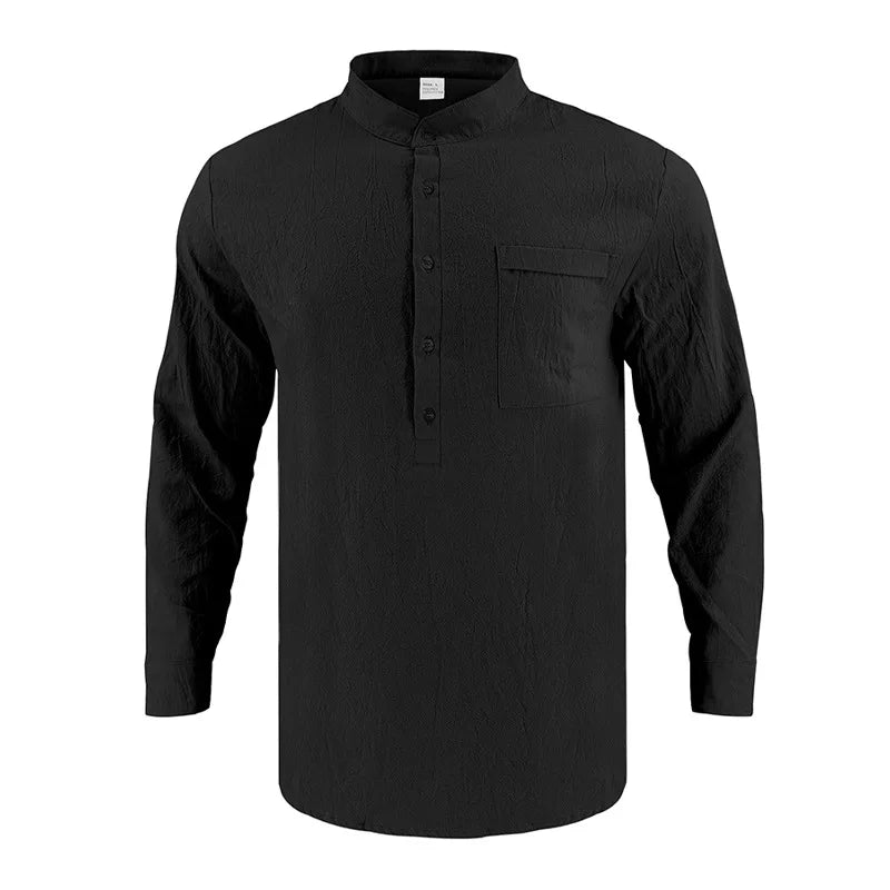 Summer Men's Linen Henry Long Sleeve T-Shirt  European and American Woven Solid Color Casual Polo Shirt