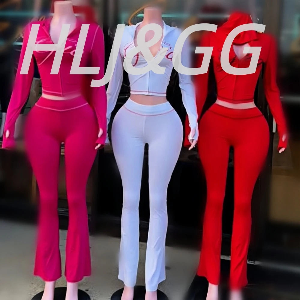 HLJ Fashion Ins Letter Print Hooded Two Piece Sets Women Zipper Long Sleeve Crop Top And Skinny Pants Outfit Y2K 2pcs Streetwear