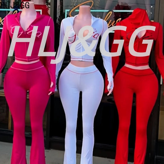 HLJ Fashion Ins Letter Print Hooded Two Piece Sets Women Zipper Long Sleeve Crop Top And Skinny Pants Outfit Y2K 2pcs Streetwear