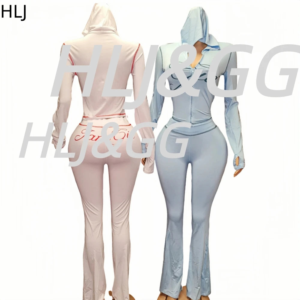 HLJ Fashion Ins Letter Print Hooded Two Piece Sets Women Zipper Long Sleeve Crop Top And Skinny Pants Outfit Y2K 2pcs Streetwear