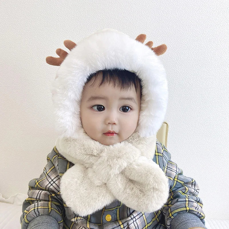 Winter Baby Hat Scarf One-Piece Faux Fur Baby Bonnet Infant Cap Kids Hats for Girls Boys Ears Neck Warmer Children Beanie 6-30M