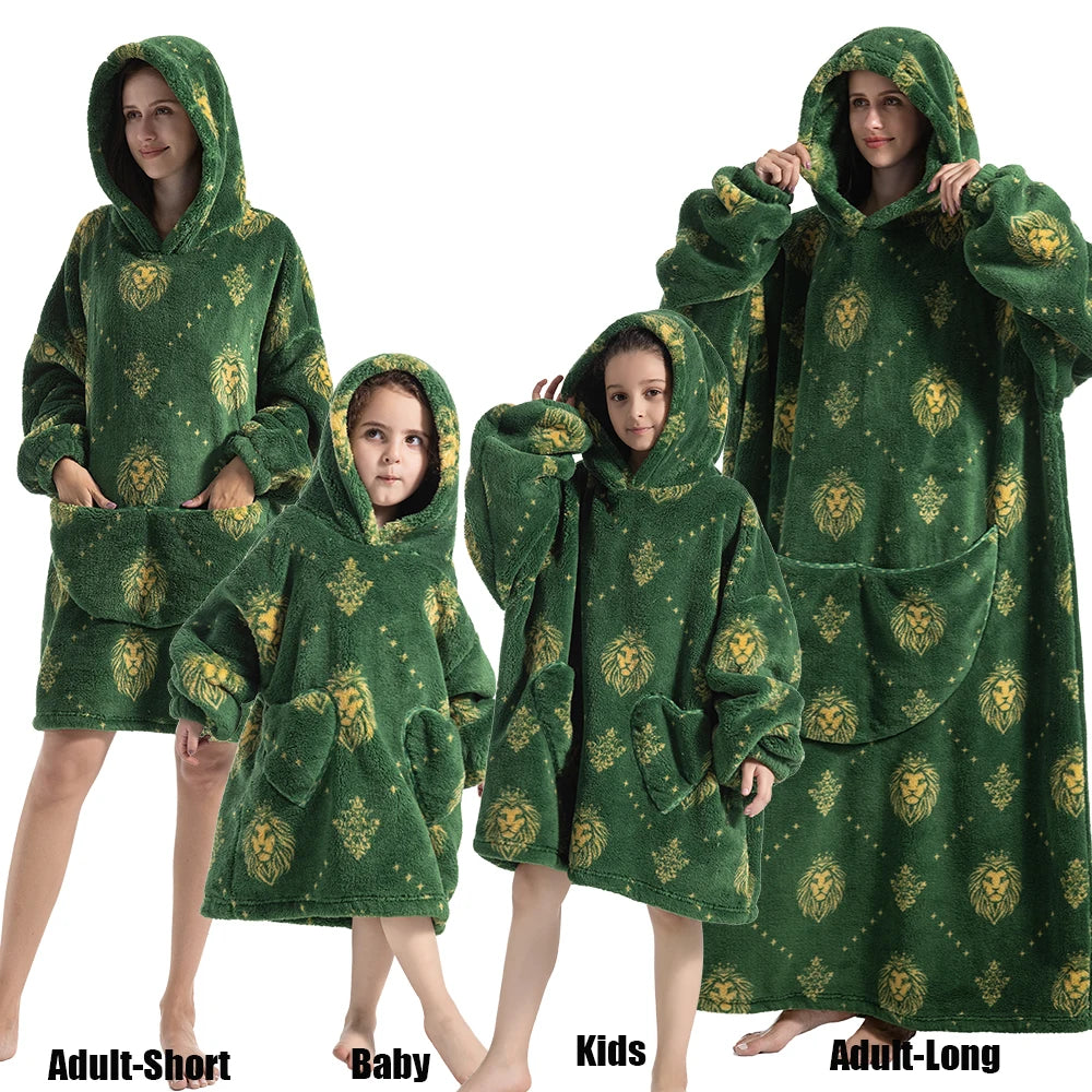 Extra Long Winter Hoodies Sherpa TV Blanket Plush Fleece Family Matching Outfits Sweatshirts Avocado Dinosaur Homewear Oversized