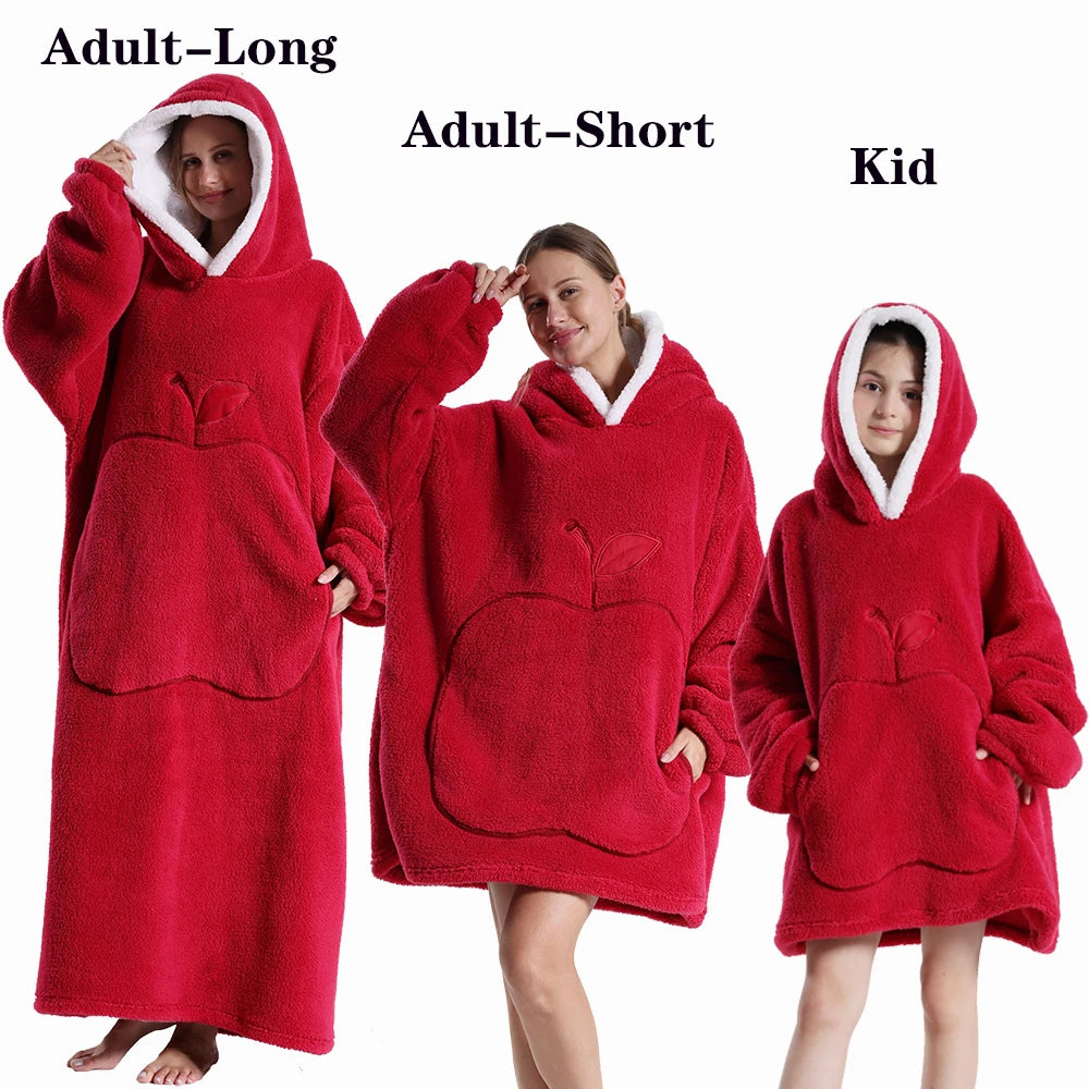 Super Long Oversized Winter Sherpa Blanket Plush Flannel Warm Family Matching Hoodie Christmas Homewear Avocado Women Sweatshirt