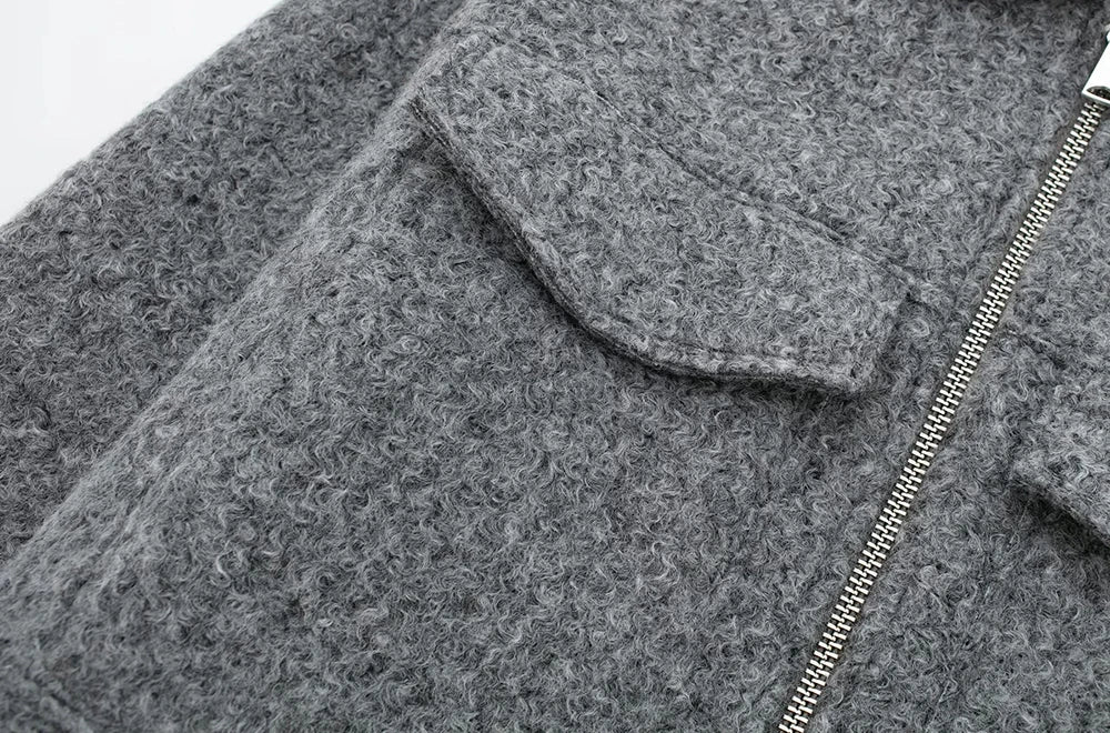 Women Fashion Patch Pockets With Flaps Cropped Jacket Coat Vintage Long Sleeve Front Zipper Female Outerwear Chic Tops