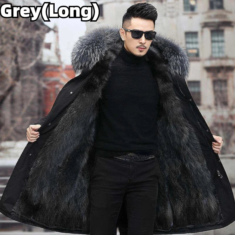Faux Fur Coat Loose OverCoat Thick Warm Men Plush Coats Fox Hair Inner Liner Detachable Collar Long Fur Parkas Fur Jacket