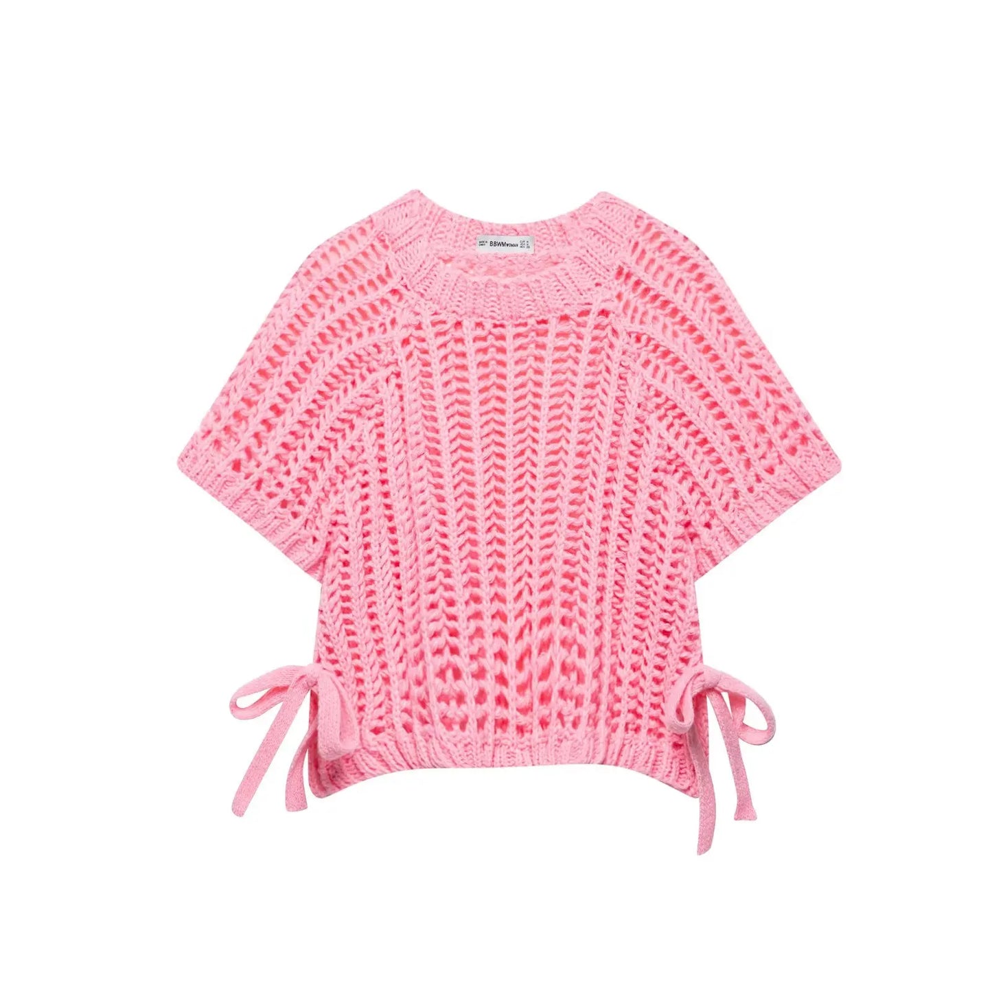 Hollow Out Knit Pullover Women Casual Round Neck Lace Up Bow Sweater Female Autumn Short Sleeves Solid Knitwears Lady
