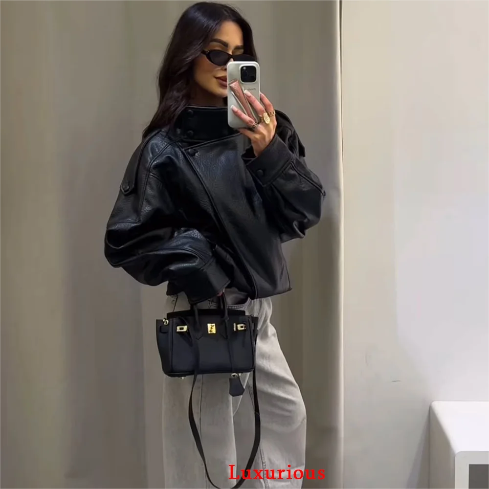 KONDALA Casual Chic Black Leather Jackets Women Long Sleeve Buttons Elastic Oversized Coats Fashion 2025 Fall Streetwear Coats