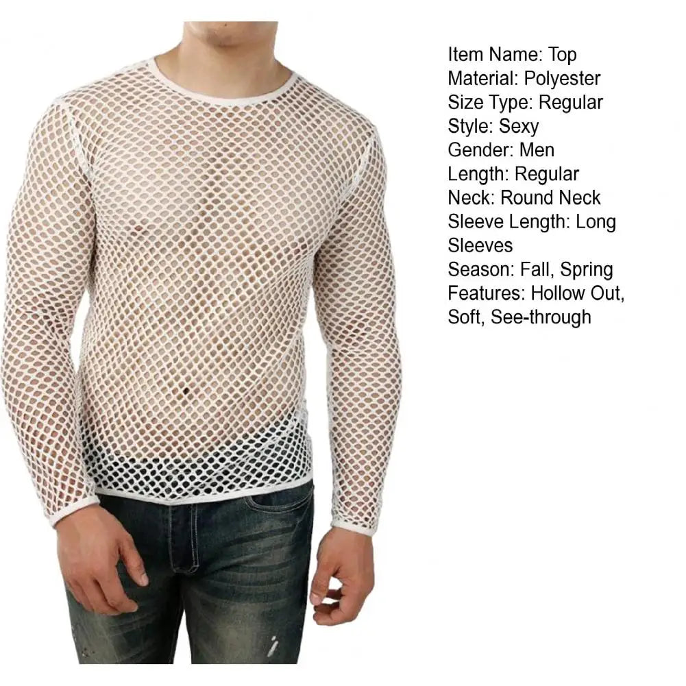 Men Club Top See-through Hollow Out Fishnet O Neck Short Sleeve Loose Thin Pullover Hip Hop Streetwear Men T-shirt