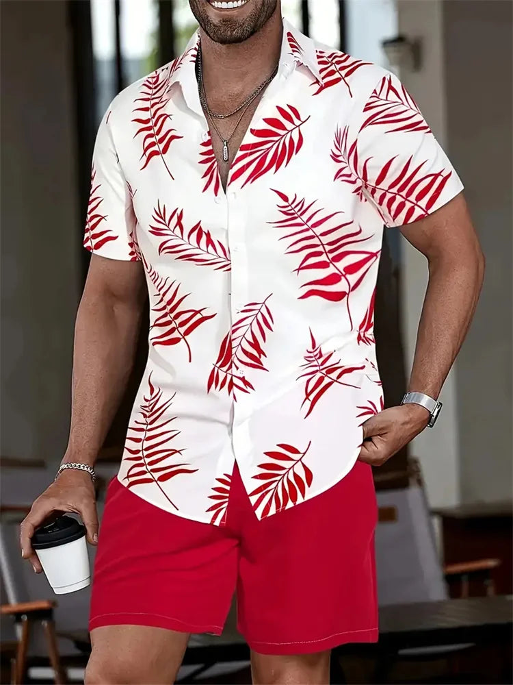 Men's Hawaii Shirt Set Men's 3D Printed Short Sleeve Shirt Shorts Two Piece Summer Beach Lapel Shirt Set Unisex Casual Clothing