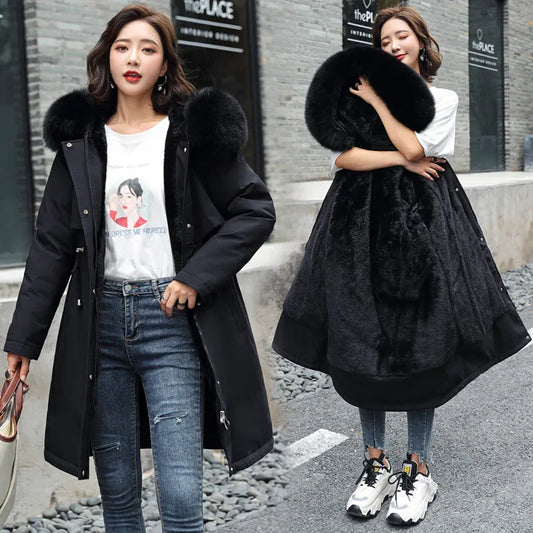 Winter Parka 2024 New Women Jacket Clothes Long Coat Wool Liner Hooded Jacket Fur Collar Thick Warm Snow Wear Fashion Parka