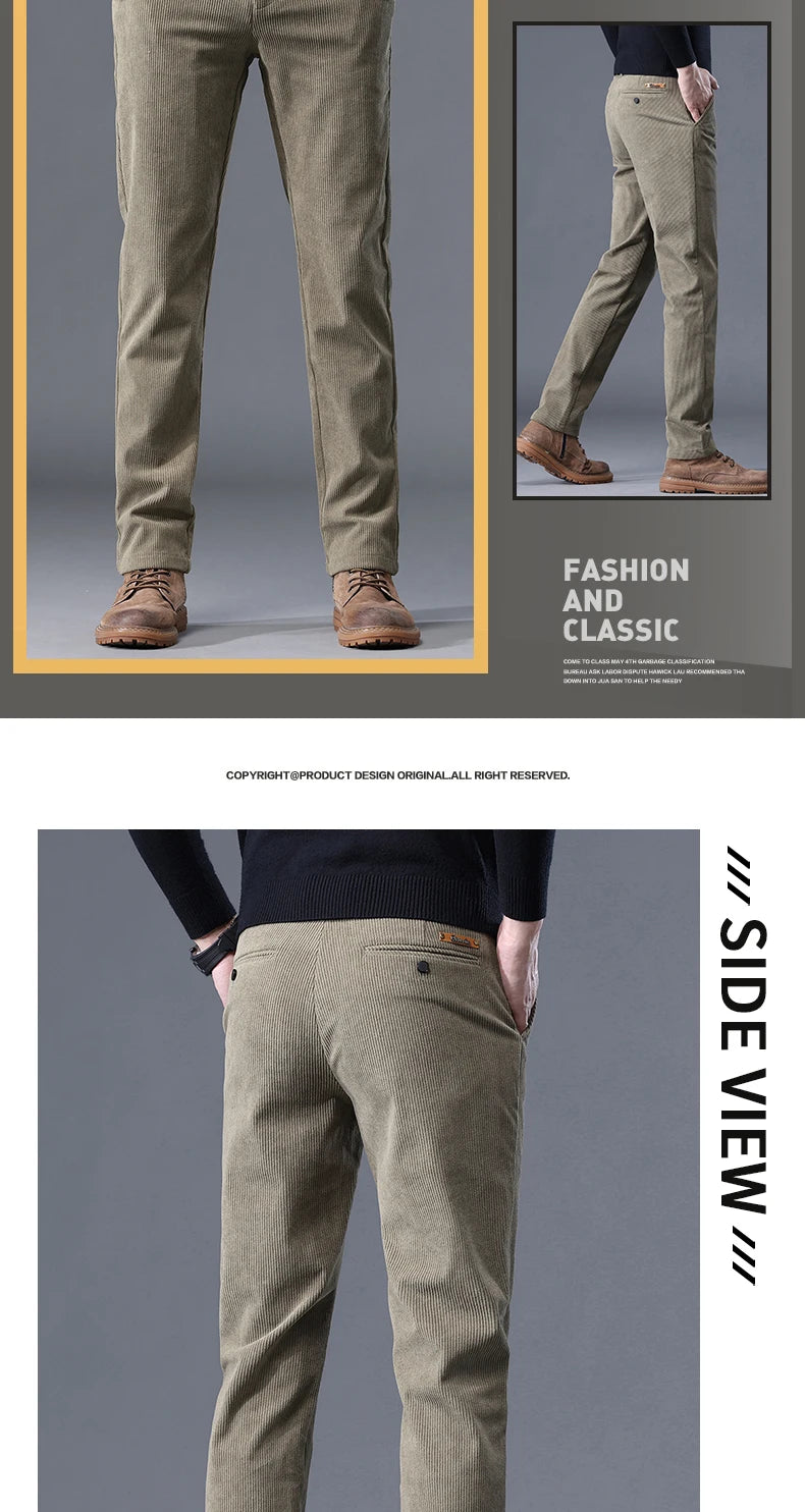 Khaki Black Gray Fleece Men's Corduroy Casual Pants Chenille Thick Stretch Business Trousers Mid-rise Brand Winter Thermal Pants
