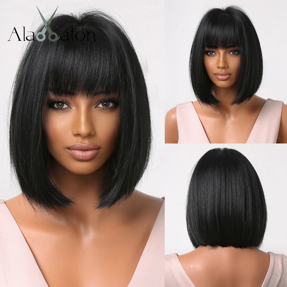 ALAN EATON Layered Synthetic Wigs with Bangs Straight Short Highlights Blonde Hair Wig with for Women Natural Daily Cosplay Wigs