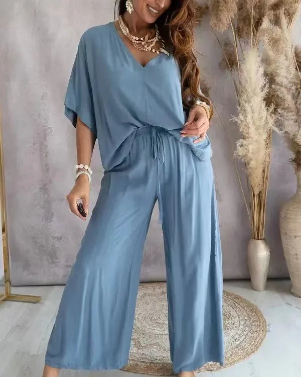 Loose Women Sets 2 pcs Sale V Neck Short Sleeve Blouse Shirts& High Waist Wide Leg Vacation Beachwear Pant Suits NMD-3032