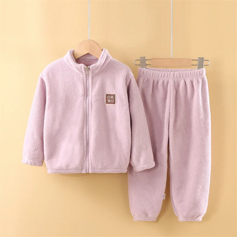 Plush Sets Children Autumn Winter Warm Fleece Suits Baby Thickened Cardigan Top+Pants 2Pcs Outfits Boys Girls Homewear Clothing