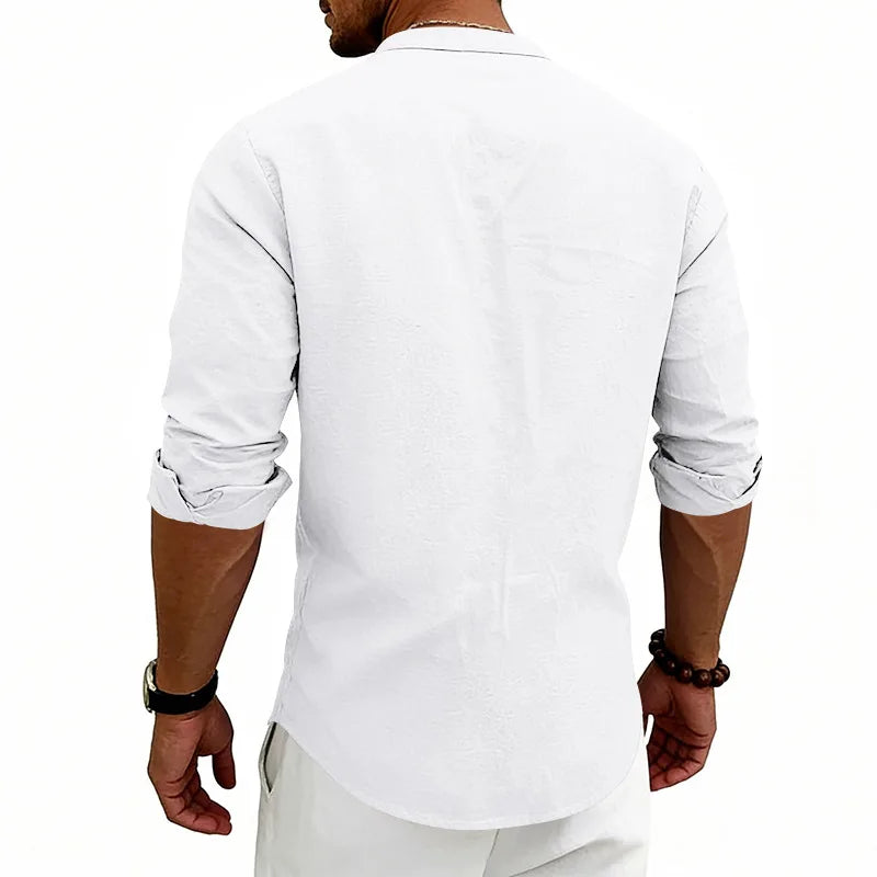 Summer Men's Linen Henry Long Sleeve T-Shirt  European and American Woven Solid Color Casual Polo Shirt