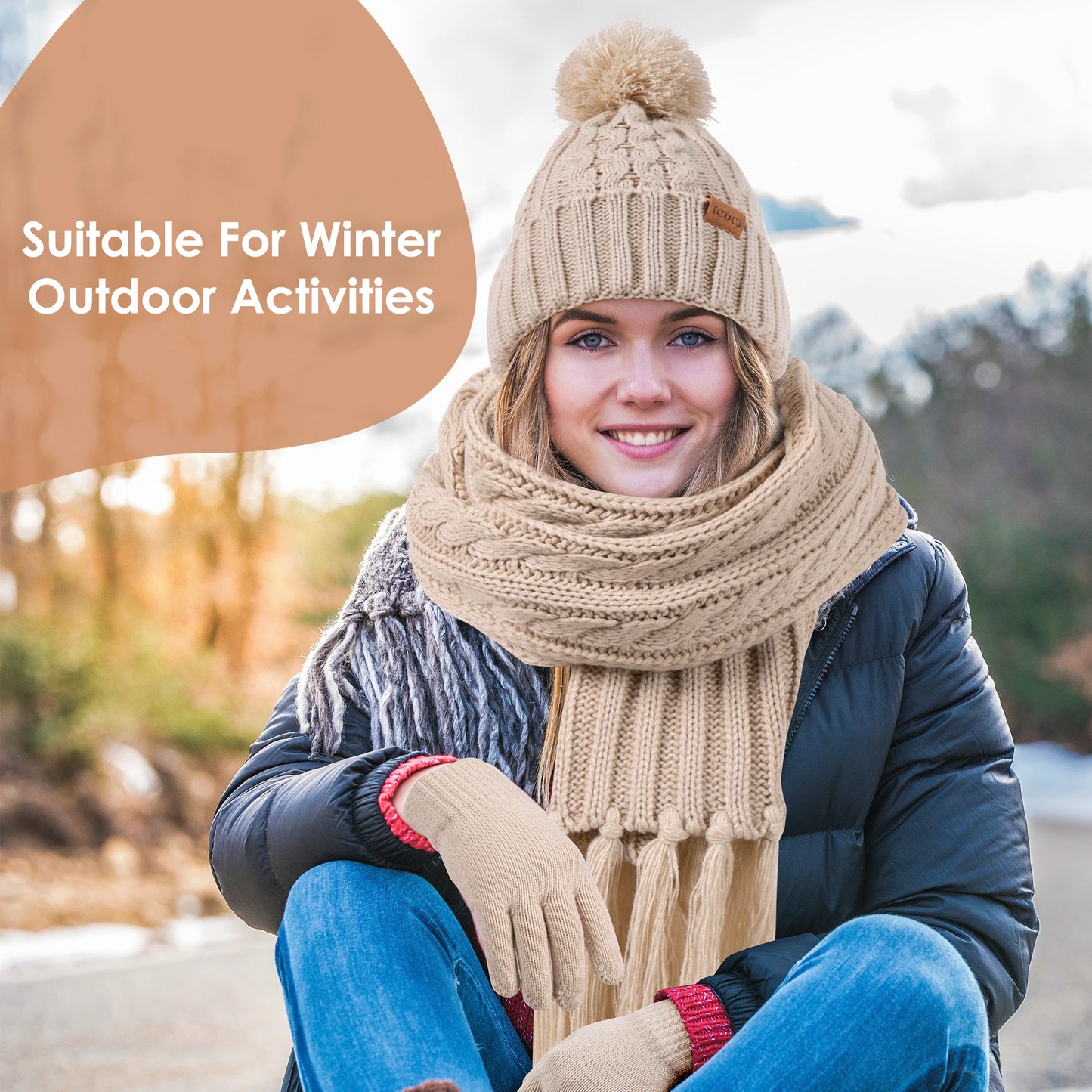 Women Winter Knit Beanie Hat+Touchscreen Gloves+Long Scarve 3 in 1 Set Gift for Women Girls