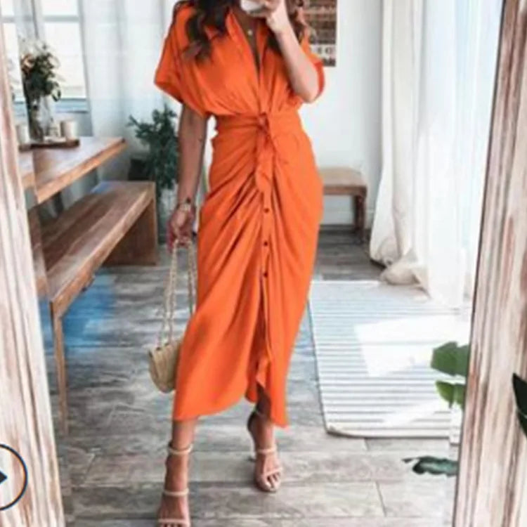 Sexy Irregular Long Dress For Women Fashion V-neck Lace-up Wrinkled Buttoned Dress Elegant Short Sleeves Clothing Ropa De Mujer