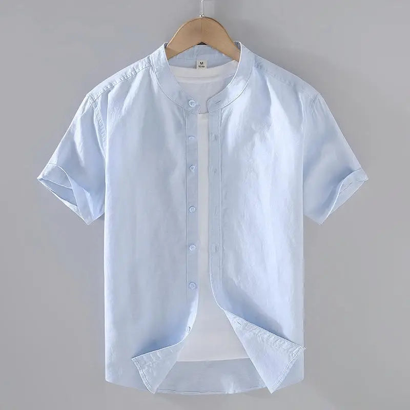 Men's Cotton Linen Short-Sleeved Shirt Summer Streetwear Plain Color Stand Collar Casual Beach Style plus Size M-3XL