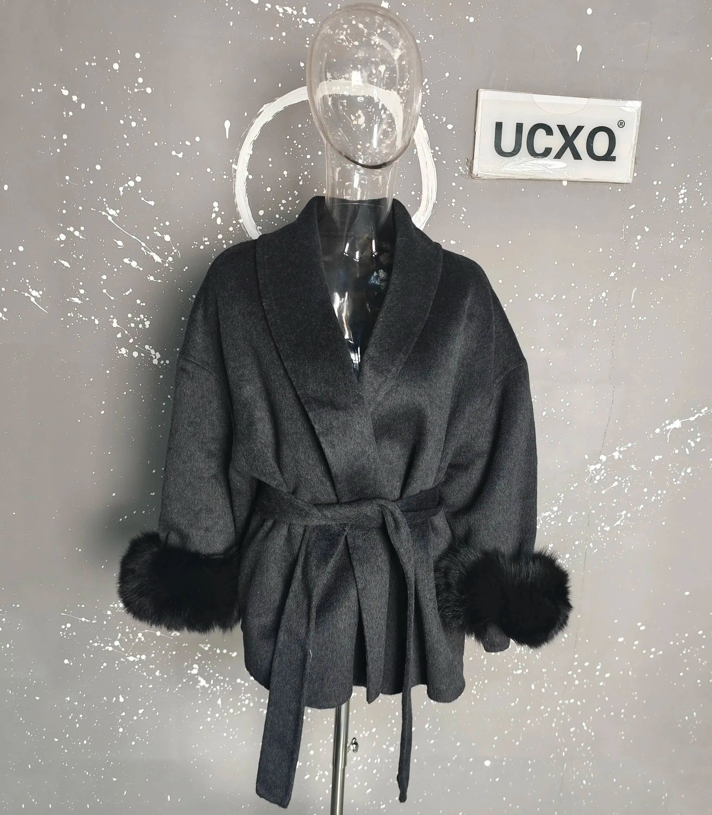 UCXQ Elegant OL Office Lady Overcoats Fur Patchwork Long Sleeve Woolen Coat Beautiful Women's Clothing Jacket Autumn 2025 Winter