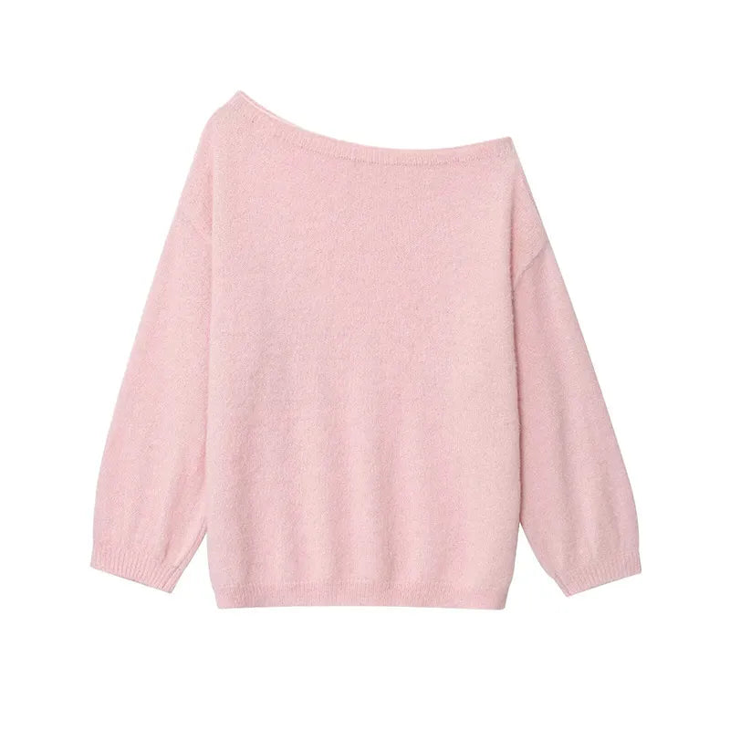 Women Solid Off Shoulder Pullover Fashion Classic Full Sleeve Loose Knitted Mohair Knitwear Lady High Street Autumn Sweaters