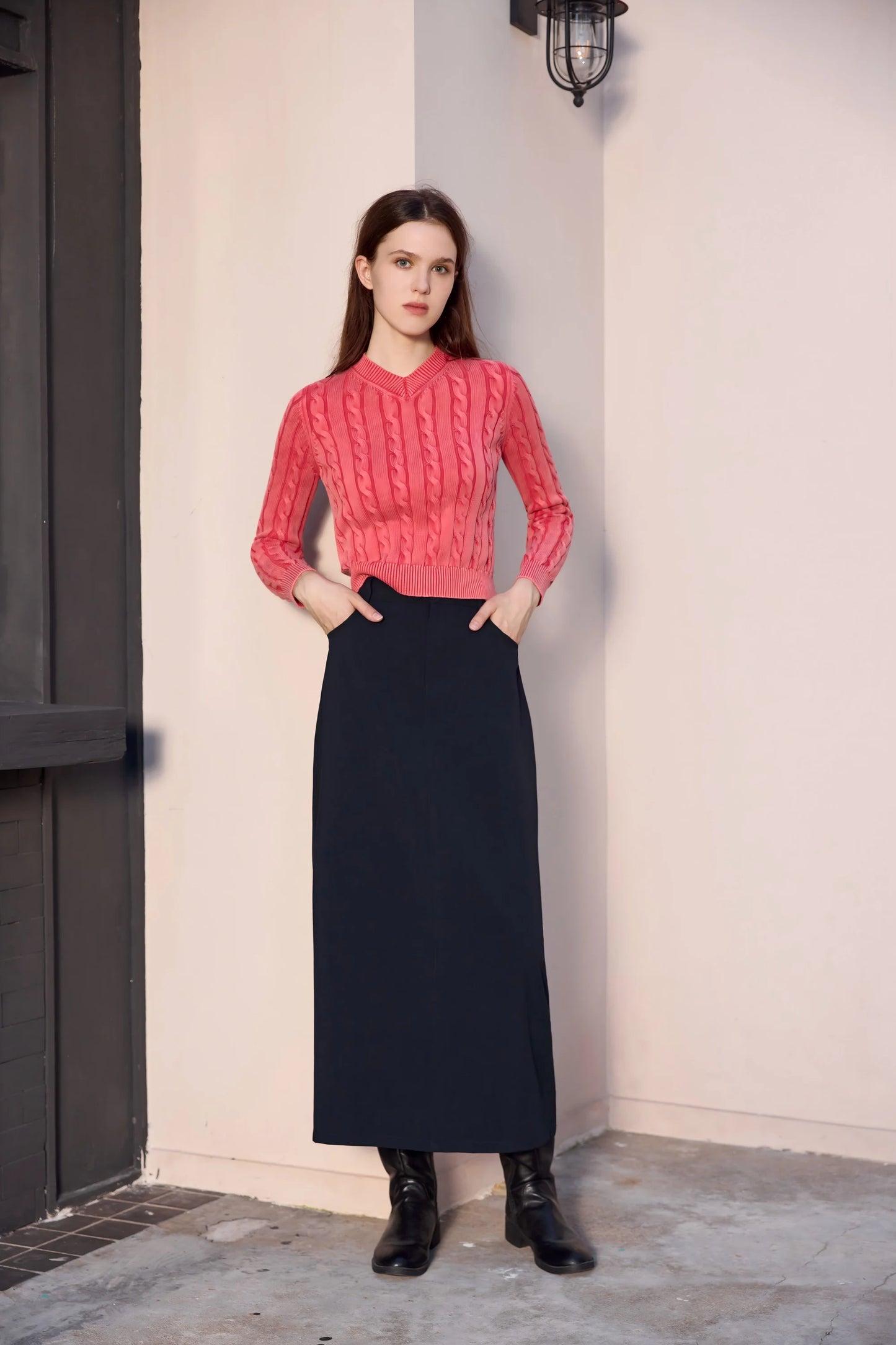 AP 2026 Women Washed Sweater Autumn and Winter Cable Sweater Stretch Skirt and Fashion Leather Skirt