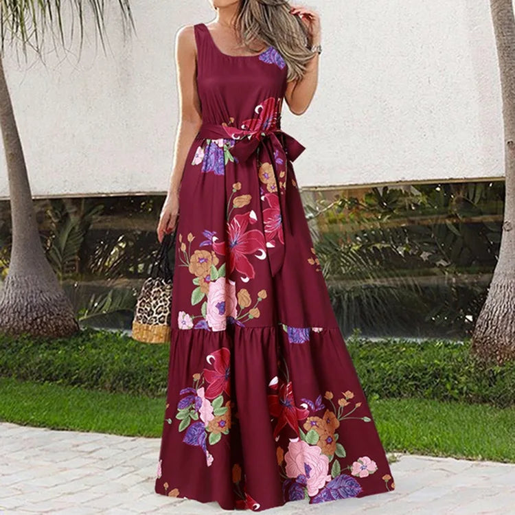 Summer Flower Print Sleeveless Long Dresses Women Elegant Casual Vacation Style Dress O Neck High Waist Leace-up Maxi Vestidos