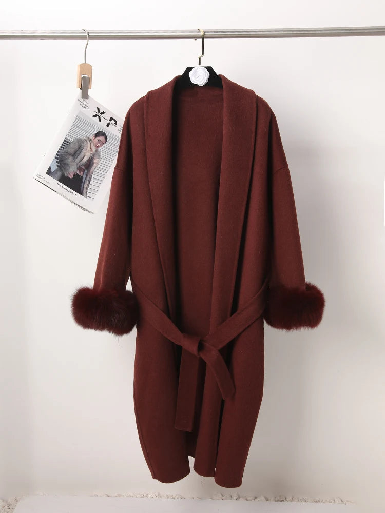 UCXQ Elegant OL Office Lady Overcoats Fur Patchwork Long Sleeve Woolen Coat Beautiful Women's Clothing Jacket Autumn 2025 Winter