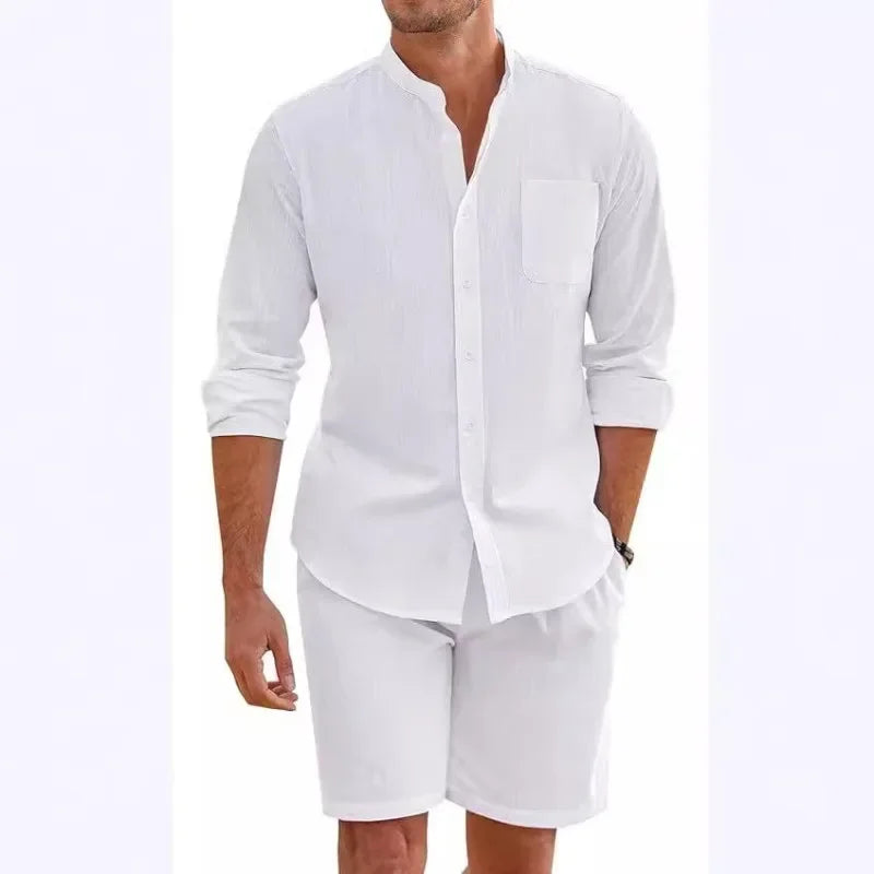 2025 Men's Two-piece Sets Cotton and Linen Comfortable Button Shirt Long Sleeve Shorts Cardigan Simple Casual Beachwear