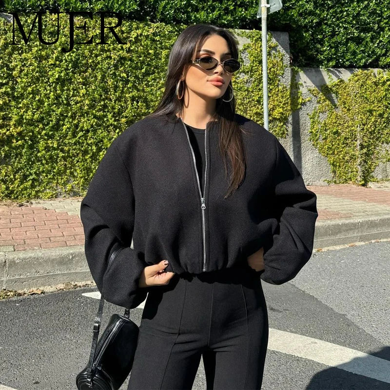 MUJER Black Bomber Jackets for Women Zipper Varsity Jackets Women Soft Cropped Jackets Woman 2025 Long Sleeve Winter Coat Female