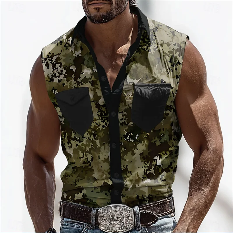 New Hawaiian Men's Sleeveless Shirt Coconut Print Simple Fashion Breathable Shirt Flap Collar Shirt