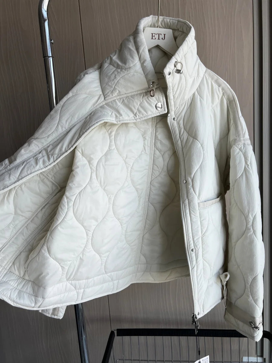 Quilted coat for women ETJ 2025 QUILTED JACKET WITH TIES new beige drawstring high neck pocket clip cotton jacket for women