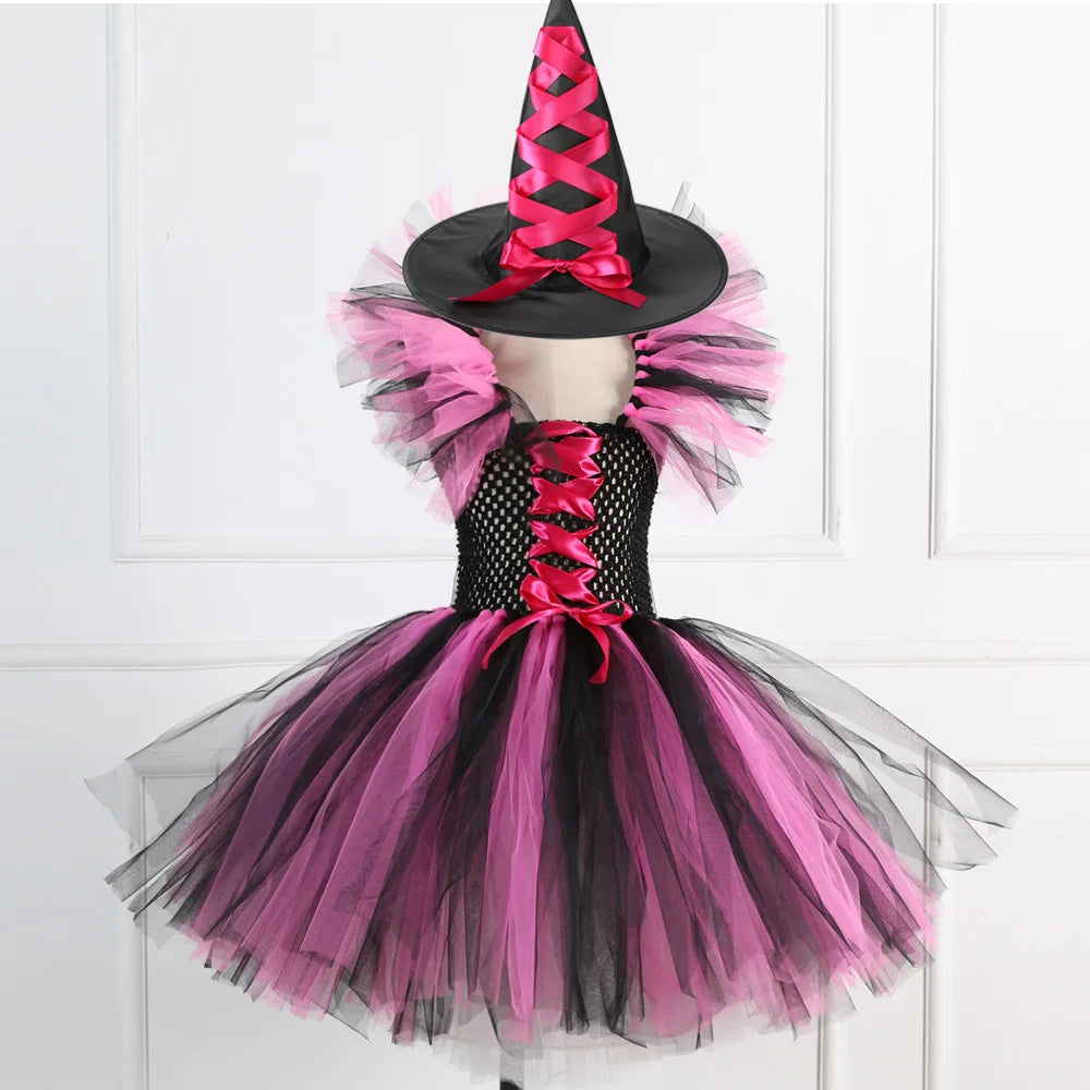Halloween New Witch Dress Cosplay Costume Dress for Girl Carnival Party Dress Hat Broom Fancy Clothes Suit
